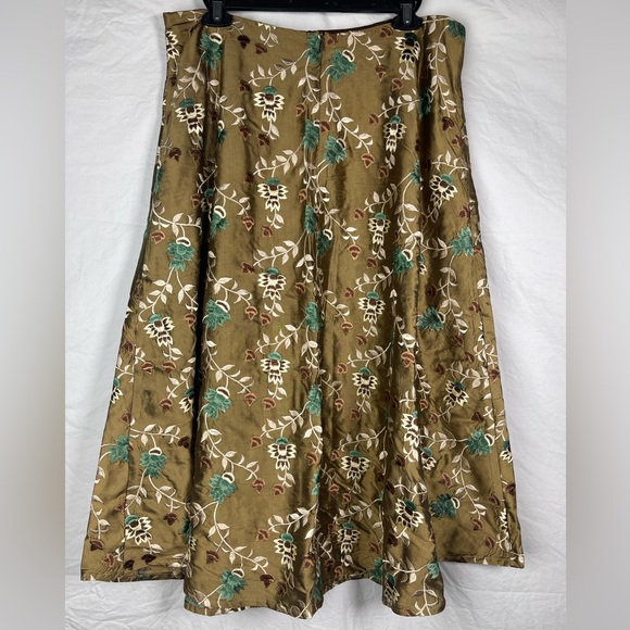 Karen Warren-100% Silk A Line Skirt-Sz 12-Embroidered-Green/Cream - Picture 2 of 5